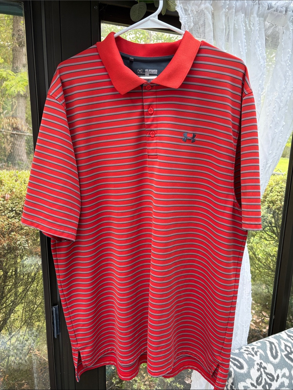 Under Armour Men’s Red Polo with Gray Stripes